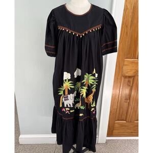 Go Softly Patio House Dress Black Shortsleeved Beaded Jungle Tropical SZ MED
